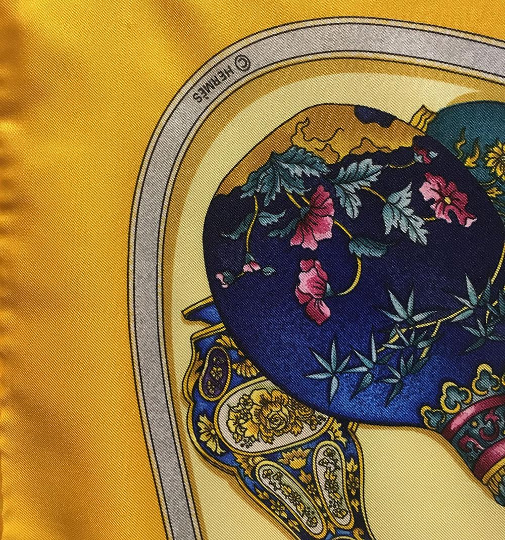 Women's or Men's Hermes Vintage Qui' Import le Flacons Yellow Silk Scarf