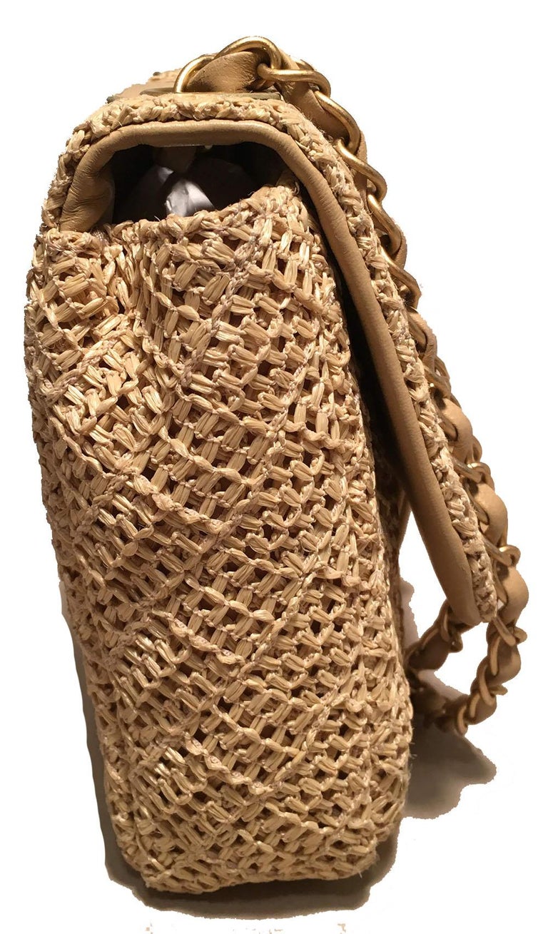 Chanel Tan Raffia Classic Flap Shoulder Bag For Sale at 1stDibs
