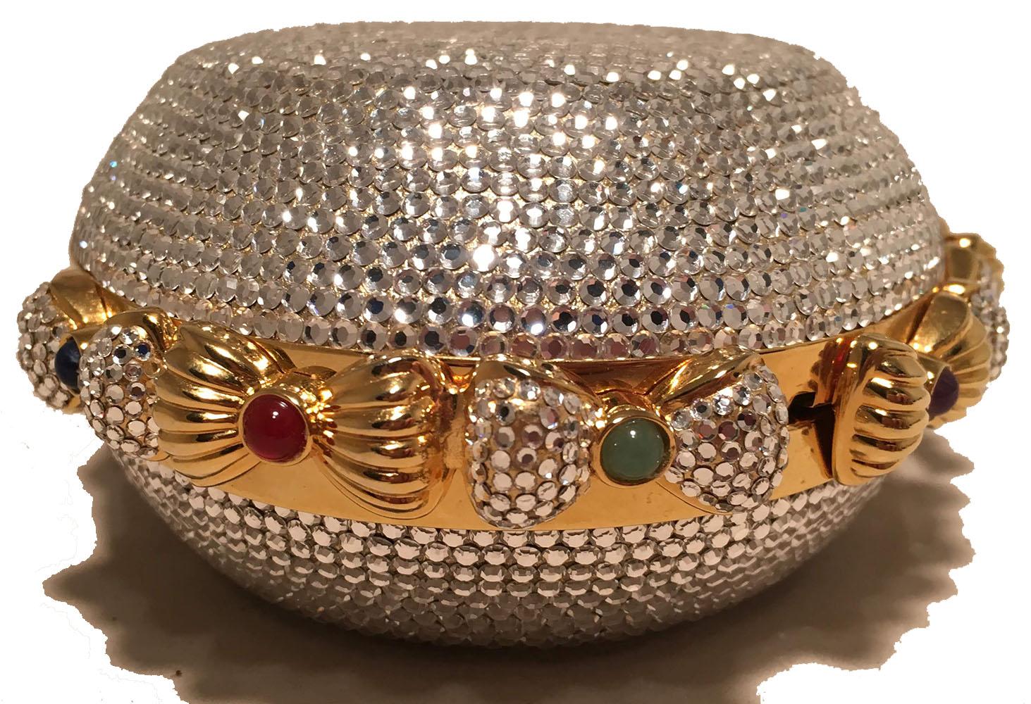 Brown Judith Leiber Swarovski Crystal Oval Bow Trim Minaudiere Evening Bag Clutch For Sale