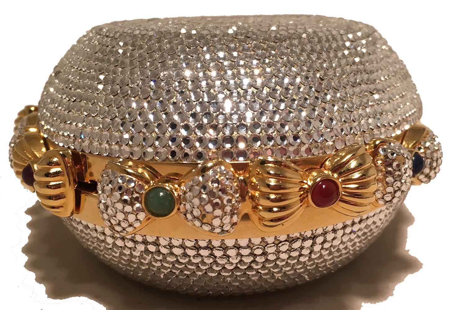 Judith Leiber Swarovski Crystal Oval Bow Trim Minaudiere Evening Bag Clutch In Excellent Condition For Sale In Philadelphia, PA