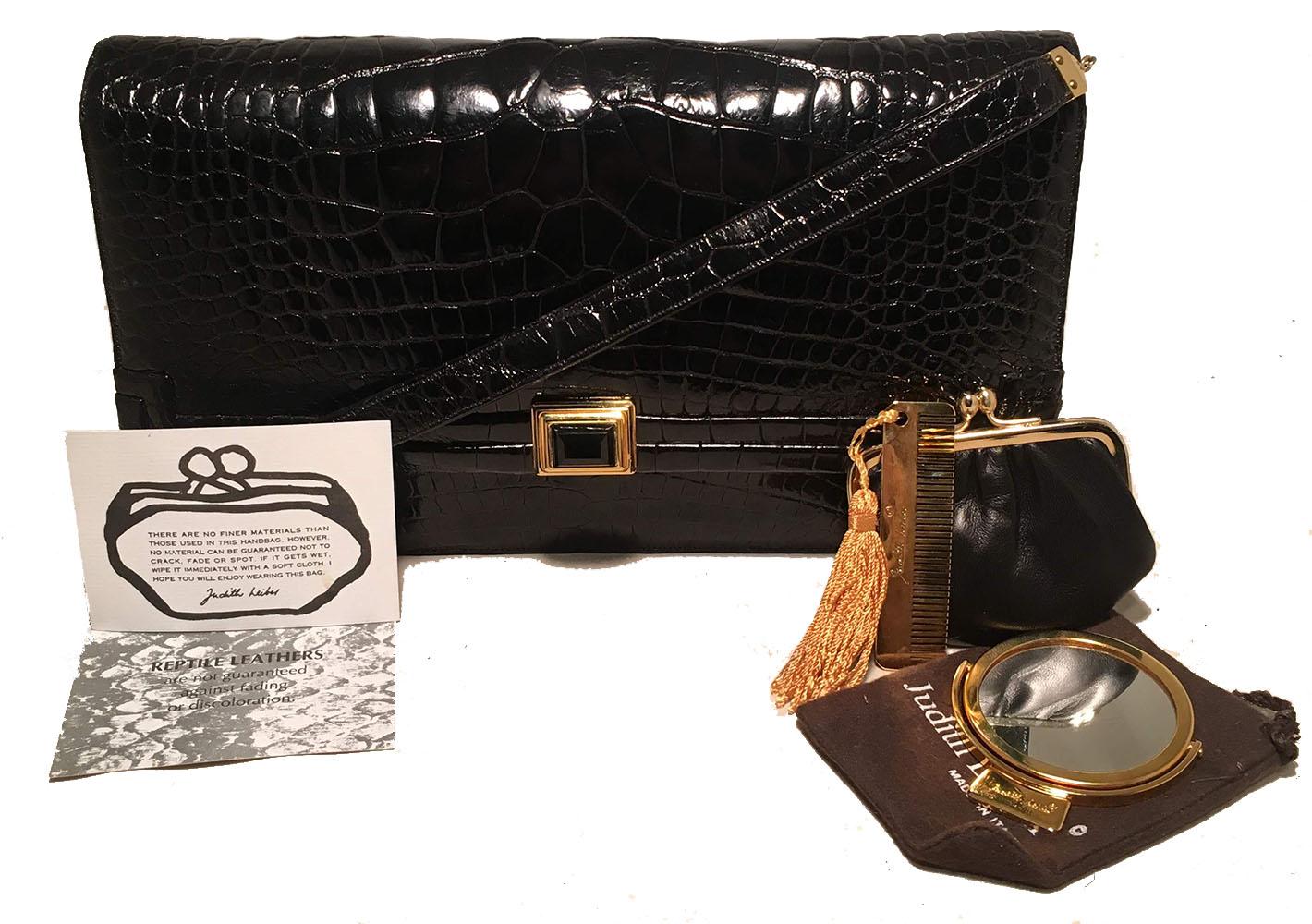 Judith Leiber Vintage Black Alligator Shoulder Bag Clutch For Sale 5