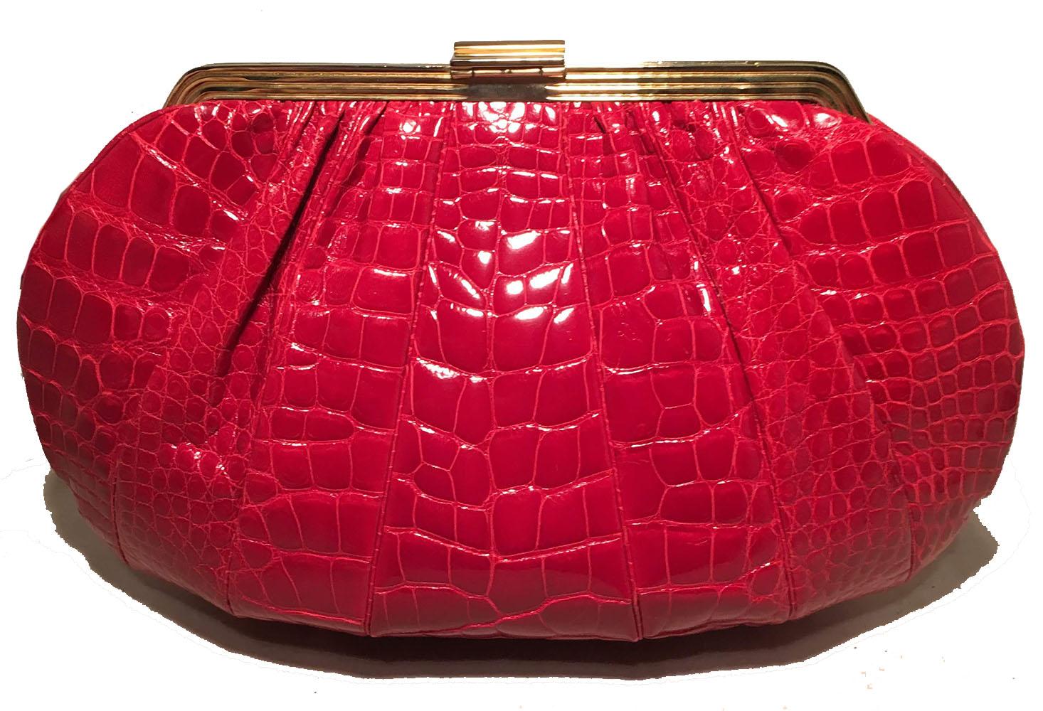 GORGEOUS Judith Leiber Vintage Red Alligator XL Oversized Clutch in excellent condition. Bright red alligator exterior trimmed with gold hardware and top dark red resin roman cameo detail. Top lifting latch closure opens to a red leather lined