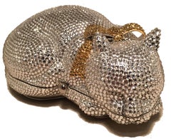 Judith Leiber Clear Swarovski Crystal Cat Minaudiere with Gold Bow