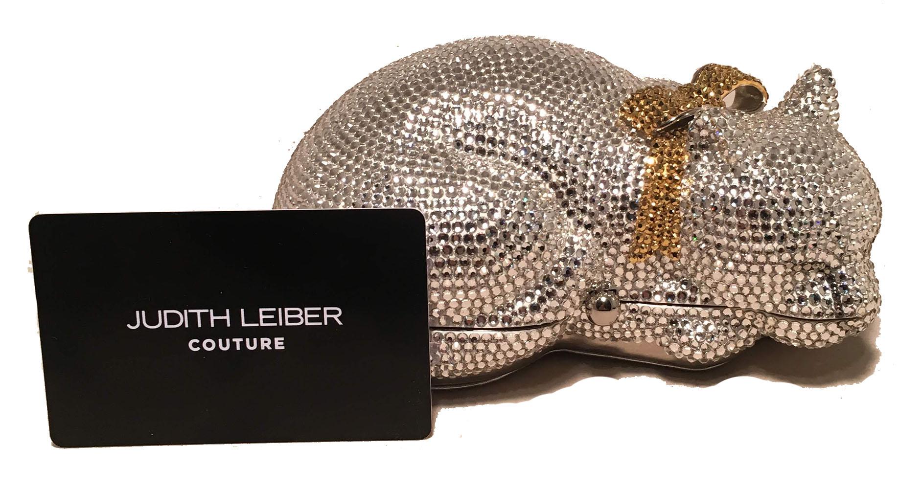 Judith Leiber Clear Swarovski Crystal Cat Minaudiere with Gold Bow 4