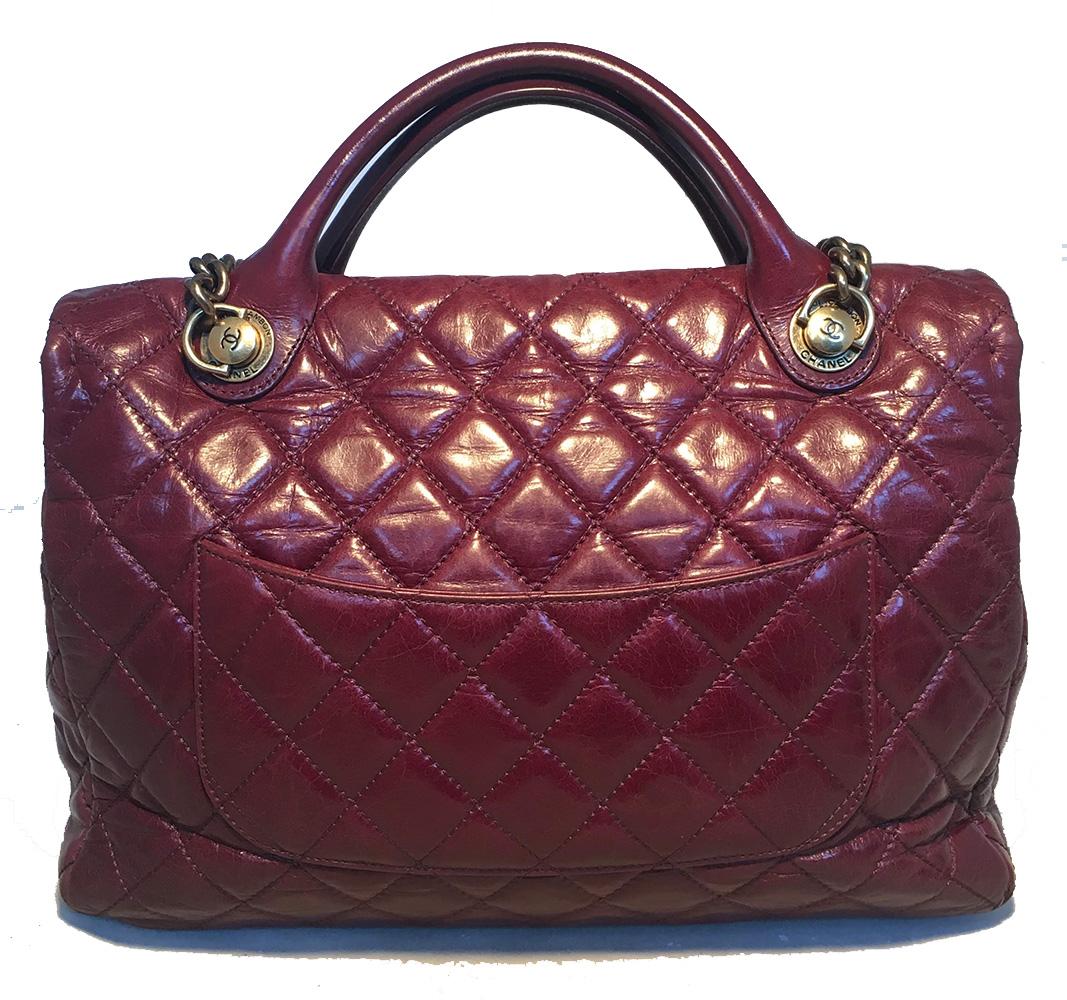 Chanel Maroon Distressed Quilted Leather Large Classic Flap Shoulder Bag In Excellent Condition In Philadelphia, PA