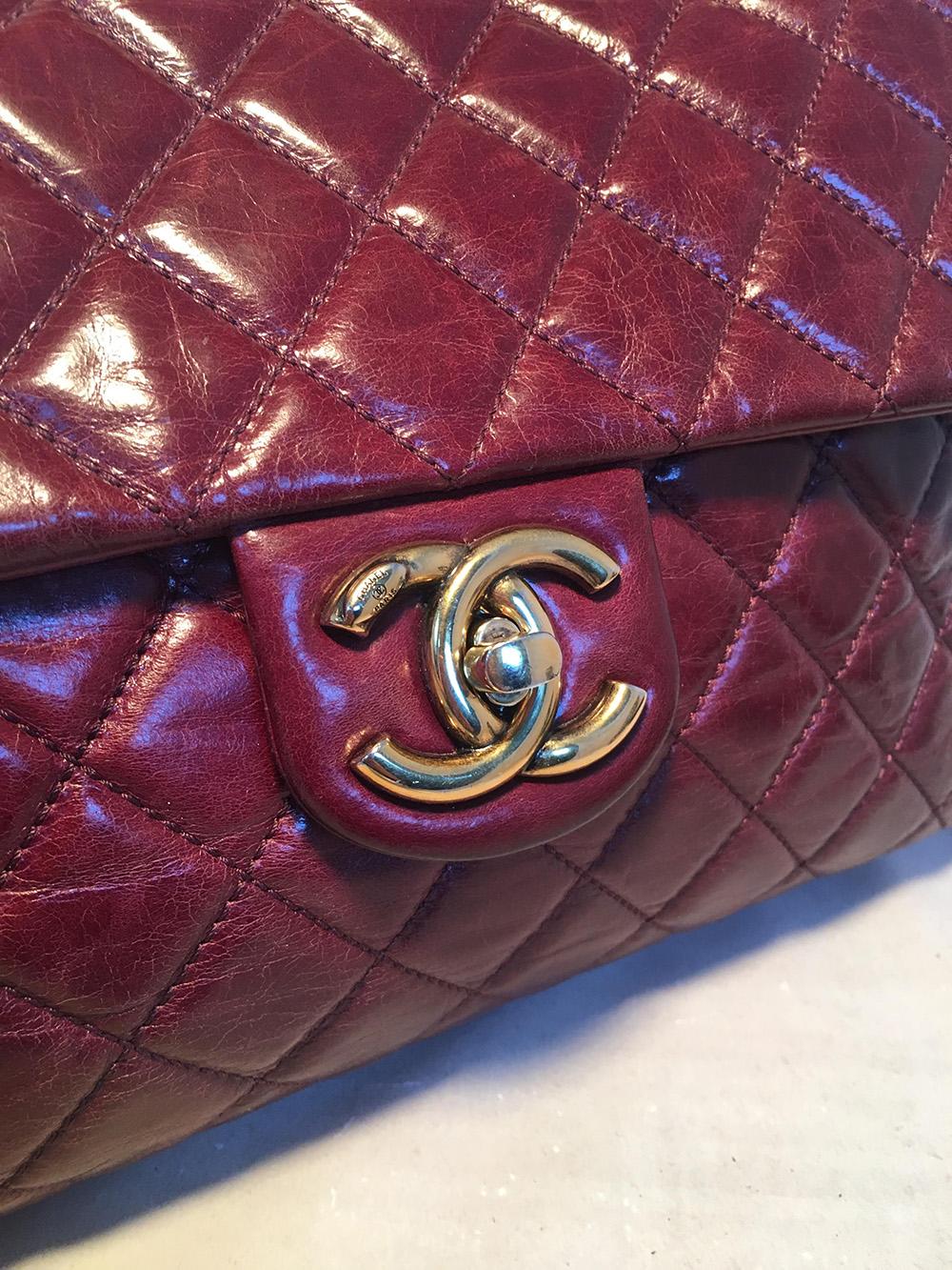 Chanel Maroon Distressed Quilted Leather Large Classic Flap Shoulder Bag 1