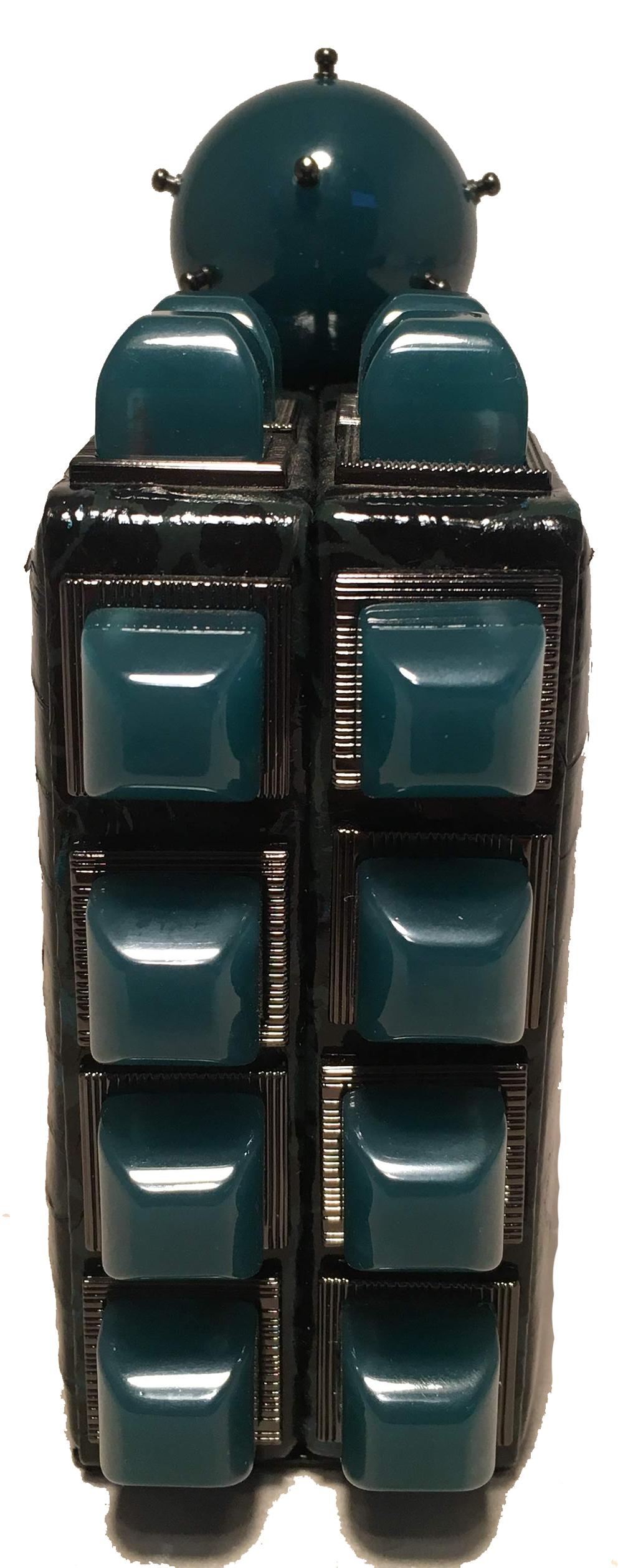 AMAZING Tonya Hawkes Black Teal and Green Leather Paint Splatter Convertible Clutch in excellent condition. Black, green, and dark teal paint splatter print leather exterior design trimmed with dark teal acrylic studs and a top ball closure. Lifting