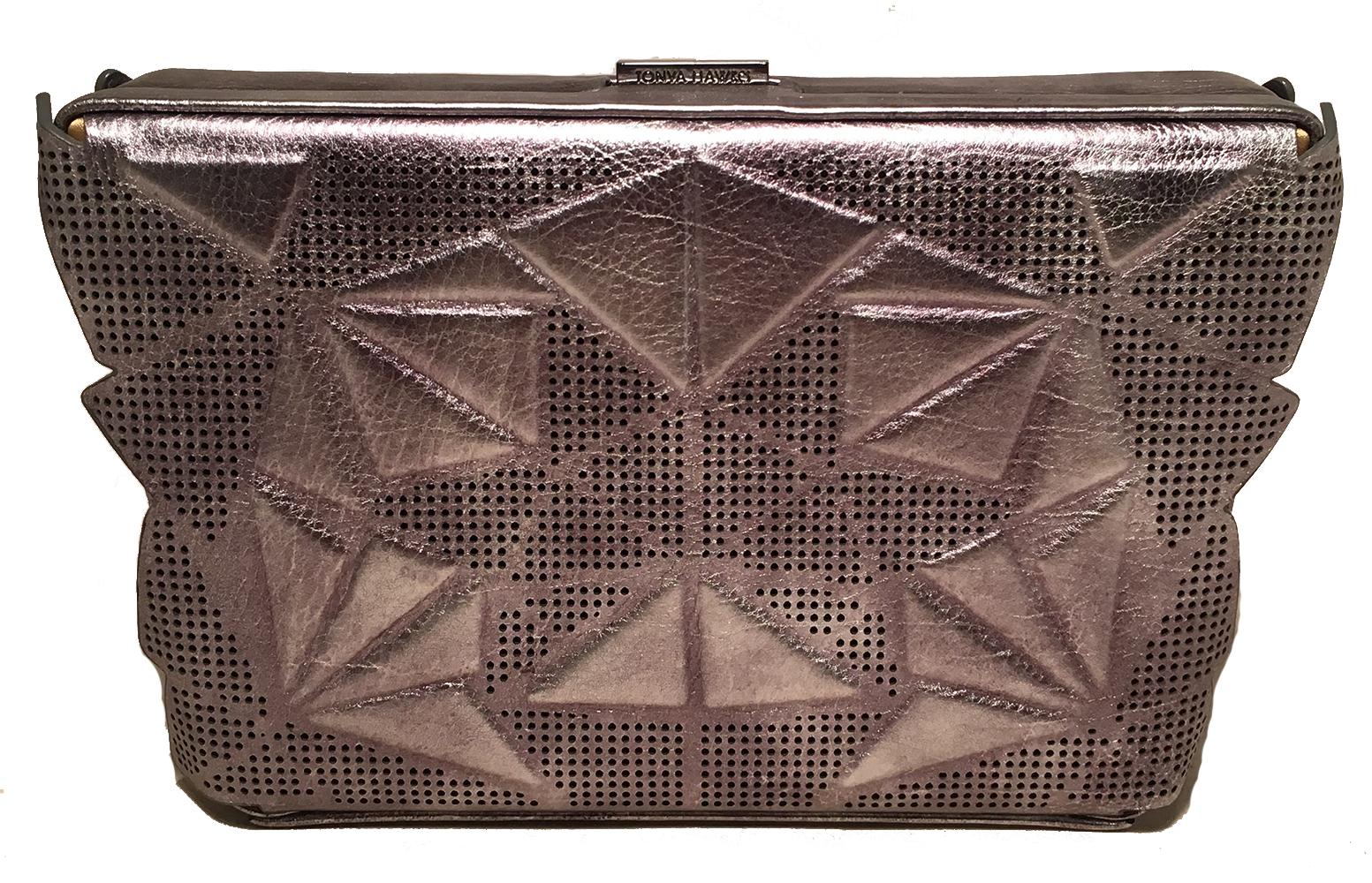 Tonya Hawkes Silver Metallic Embossed and Laser Cut Leather Convertible Clutch In Excellent Condition For Sale In Philadelphia, PA