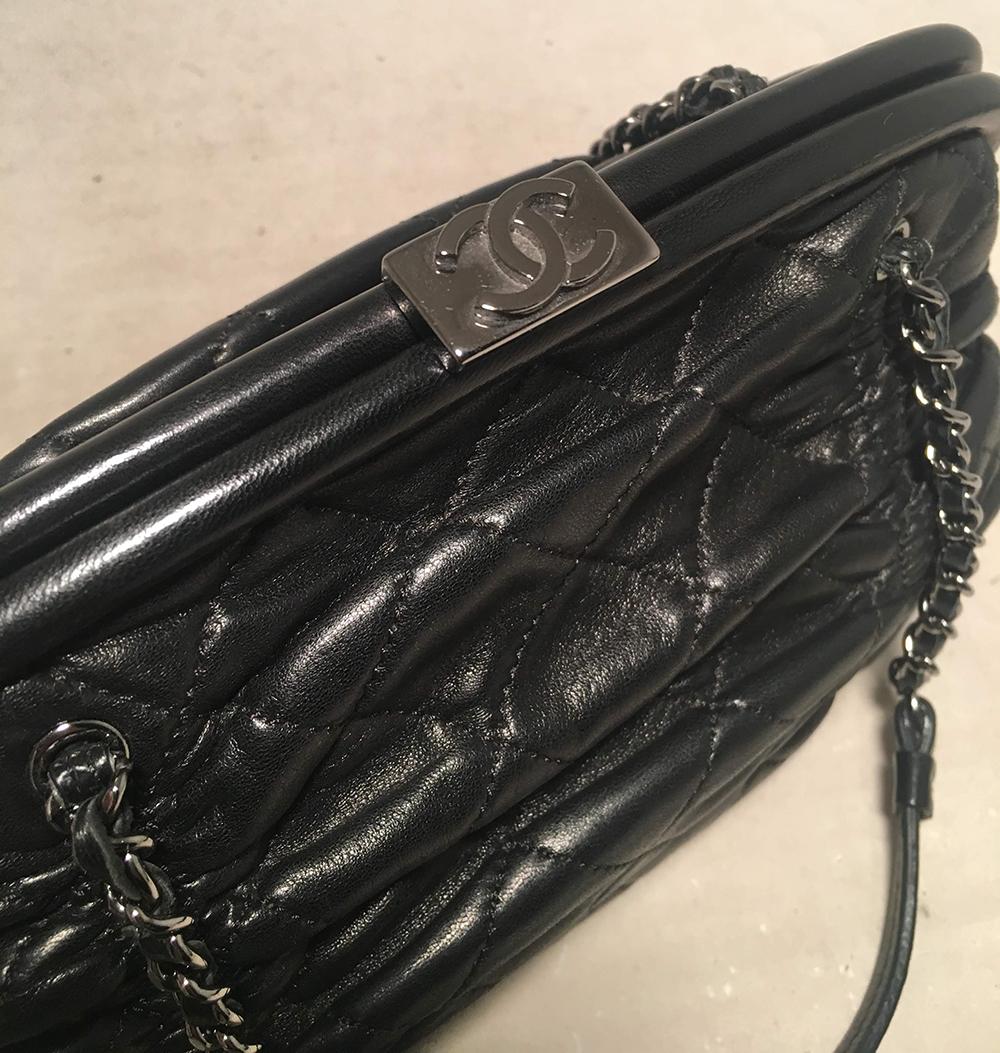 Chanel Black Quilted Ruched Leather Small Sharpei Frame Handbag In Excellent Condition In Philadelphia, PA