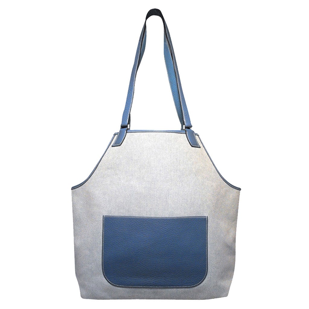 Hermes Canvas Toile and Blue Clemence Leather Apron Shoulder Tote ...  