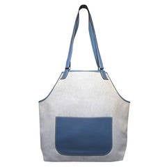 Hermes Canvas Toile and Blue Clemence Leather Apron Shoulder Tote Bag 8