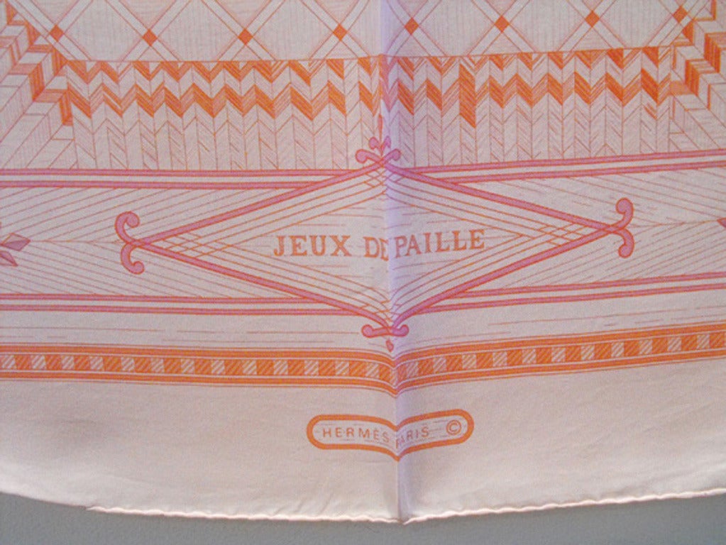 Authentic Hermes Vintage Jeux De Paille Pink Silk Scarf In Excellent Condition In Philadelphia, PA
