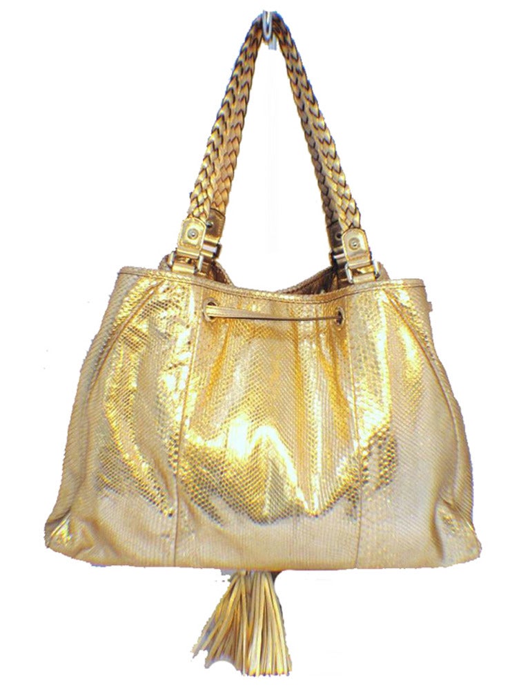Gucci Metallic Gold Snakeskin Shoulder Bag Tote In Excellent Condition In Philadelphia, PA