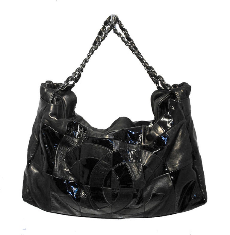 Chanel Black Checkered Leather Shoulder Bag Shopper Tote For Sale at 1stdibs