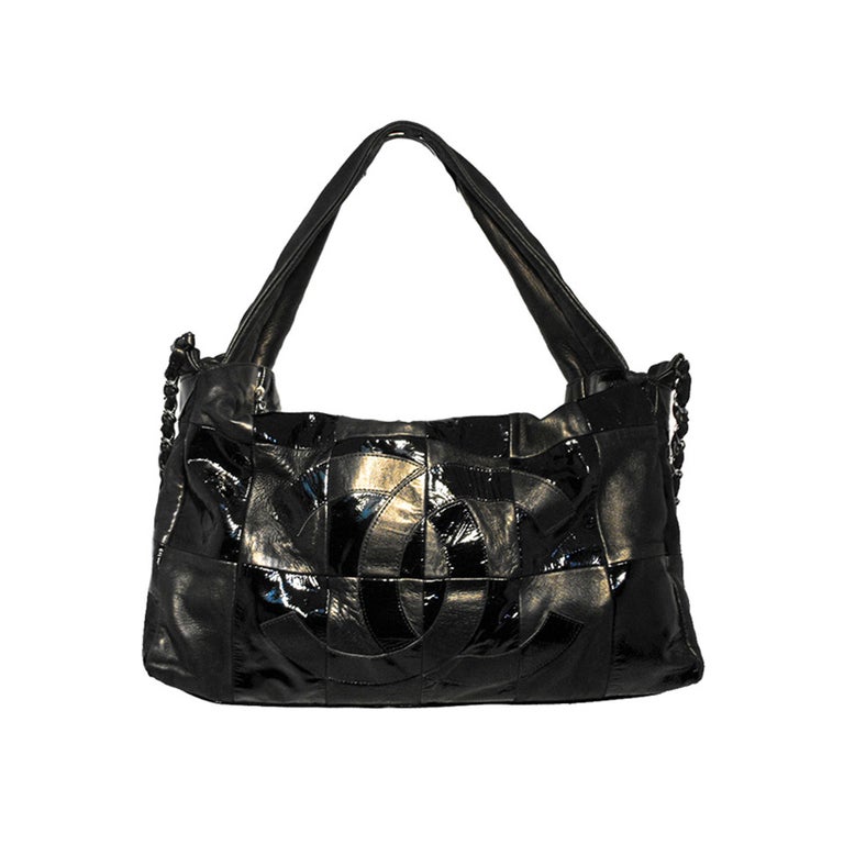 Chanel Black Checkered Leather Shoulder Bag Shopper Tote For Sale at 1stDibs