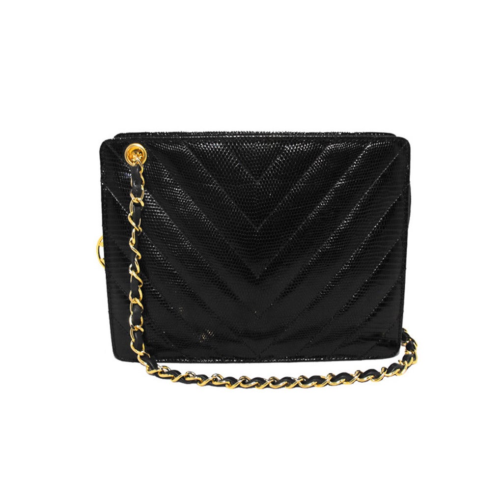 Chanel Black Lizard Chevron Quilted Shoulder Bag