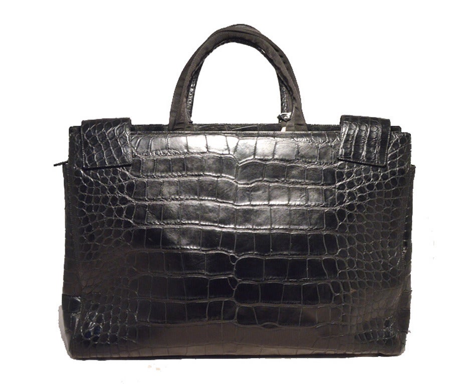 Prada Black Alligator Style Portfolio Briefcase Tote Bag In Excellent Condition In Philadelphia, PA