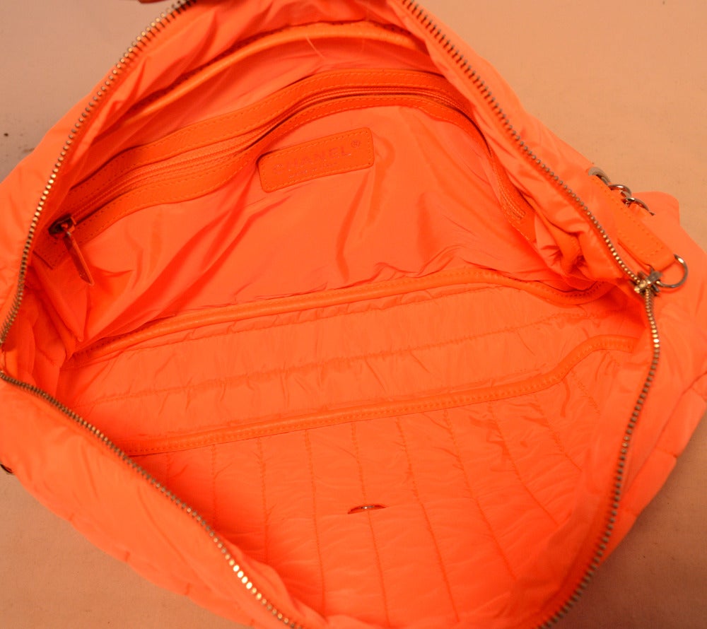 Chanel Neon Orange Quilted Nylon Classic Flap Shoulder Bag In Excellent Condition In Philadelphia, PA