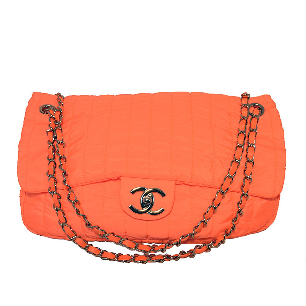 Chanel Neon Orange Quilted Nylon Classic Flap Shoulder Bag
