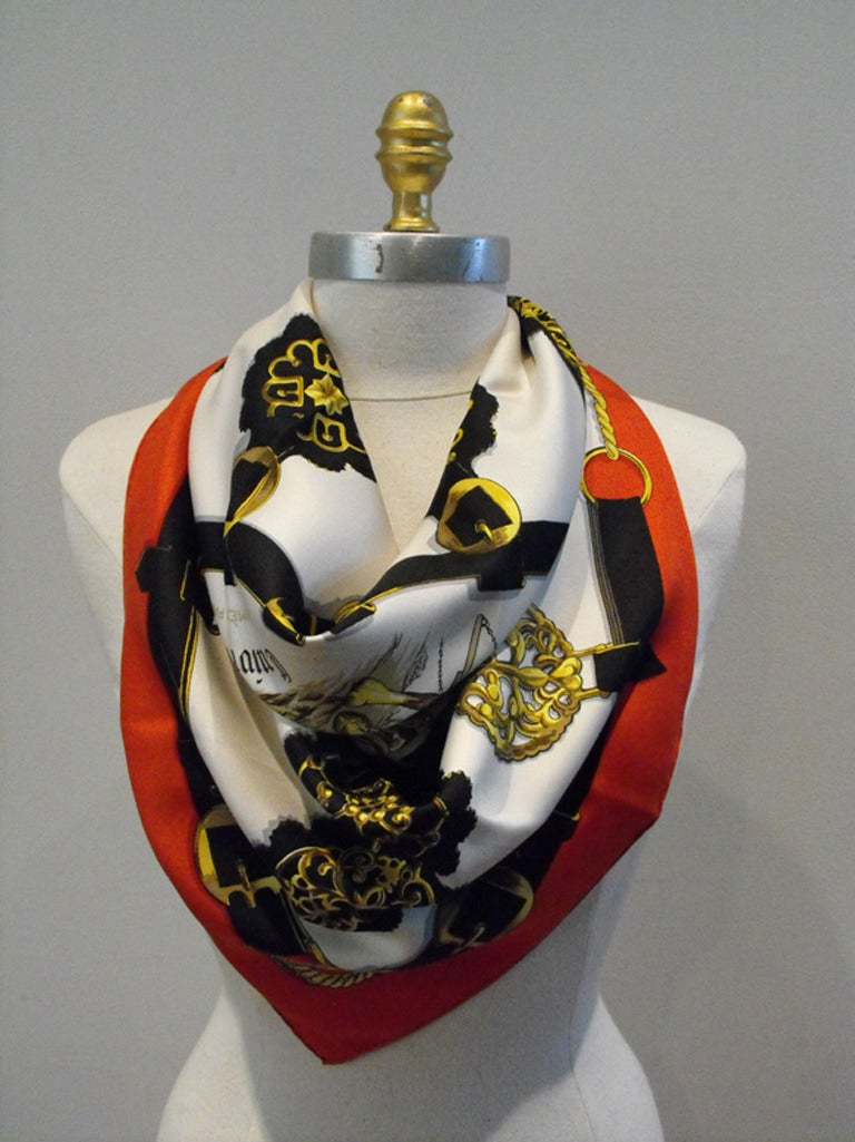 Women's Authentic Hermes Vintage Cuirvreries Silk Scarf In Red and Black