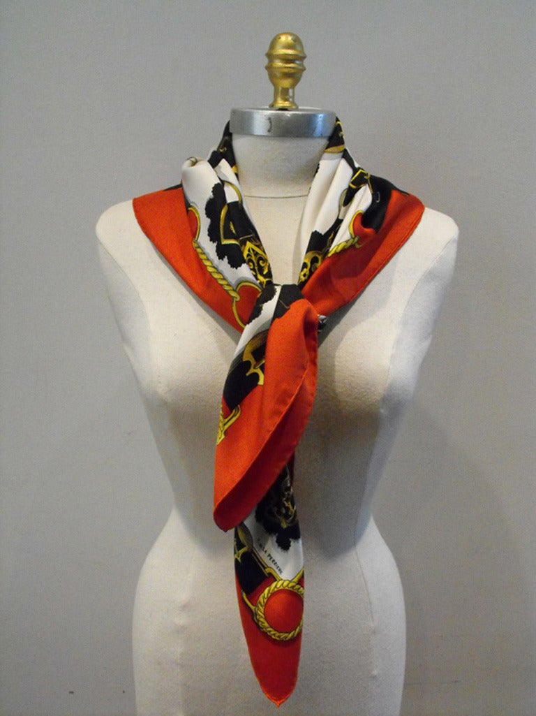 Authentic Hermes Vintage Cuirvreries Silk Scarf In Red and Black In Excellent Condition In Philadelphia, PA