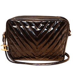 Chanel Vintage Black Patent Leather Chevron Quilted Shoulder Bag