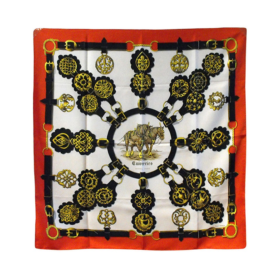 Authentic Hermes Vintage Cuirvreries Silk Scarf In Red and Black