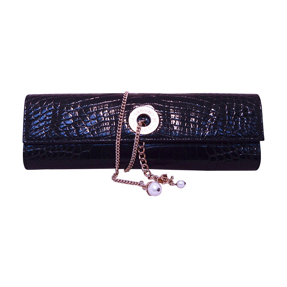 Chanel Black Alligator Clutch With Chain Wrap and Pearl Detail For Sale