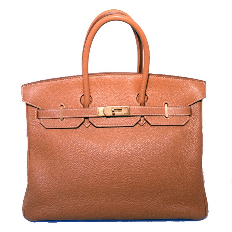 Hermes Tan 35cm Clemence Leather Birkin Bag With Gold Hardware In Excellent Condition In Philadelphia, PA