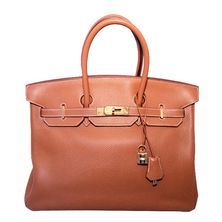 Hermes Tan 35cm Clemence Leather Birkin Bag With Gold Hardware