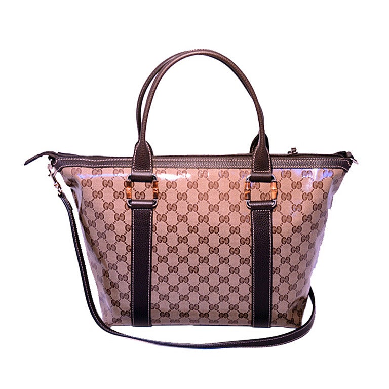 Gucci Monogram Canvas Tote With Bamboo Detail and Shoulder Strap