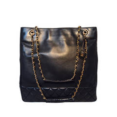 Chanel Vintage Black Leather Shopper Tote Shoulder Bag
