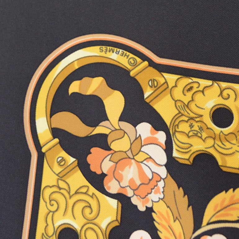 Authentic Hermes Copeaux Silk Scarf In Black In Excellent Condition In Philadelphia, PA