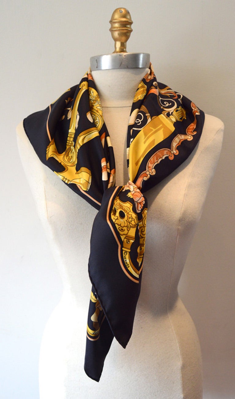 Authentic Hermes Copeaux Silk Scarf In Black at 1stDibs