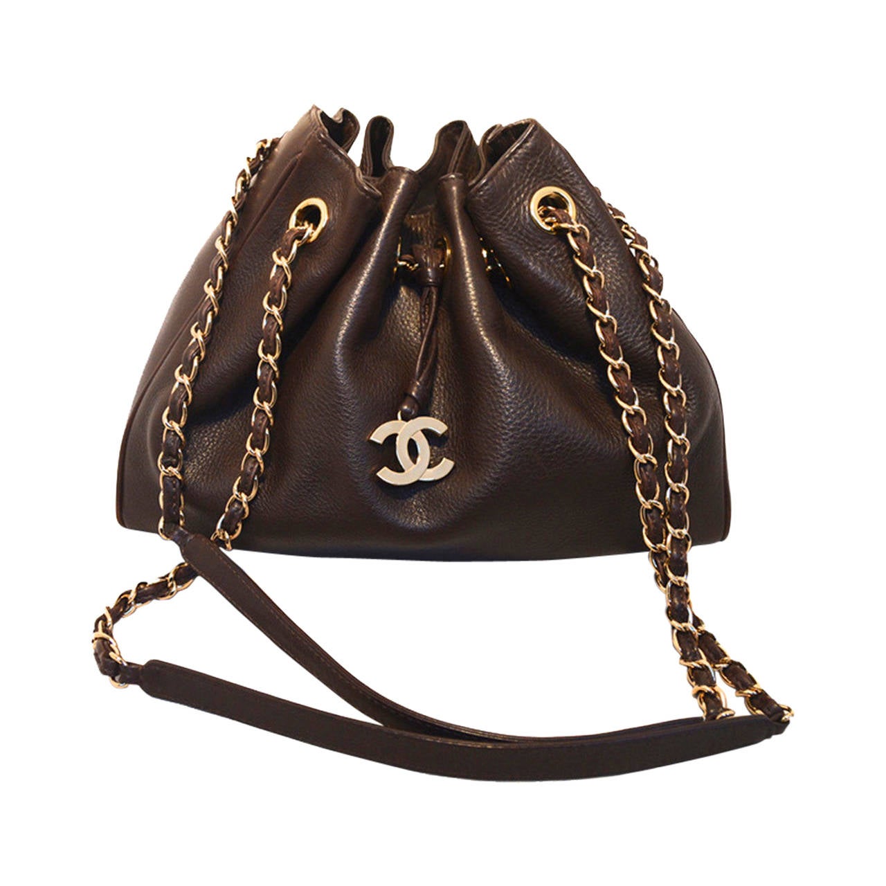 Chanel Brown Leather Drawstring Shoulder Bag For Sale at 1stDibs