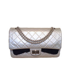 Chanel Silver Leather Jumbo 2.55 Double Flap Classic Shoulder Bag
