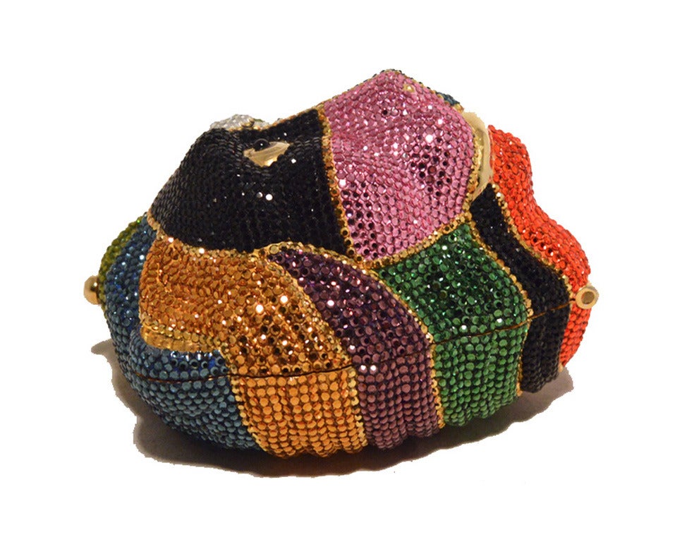 Brown Judith Leiber Swarovski Crystal Multicolored Lion's Head Minaudiere