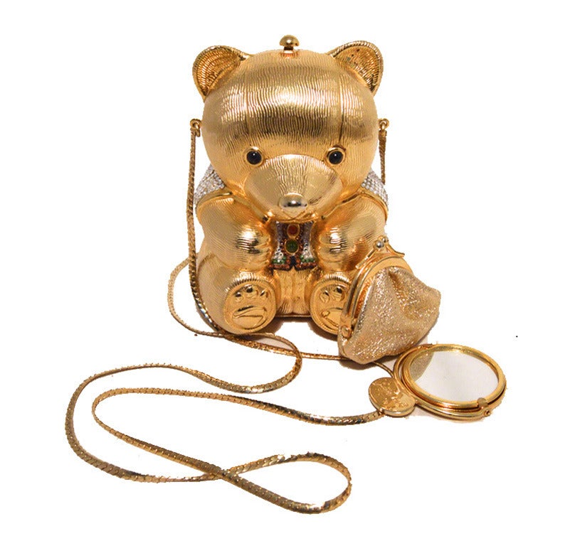 Judith Leiber Gold & Swarovski Crystal Teddy Bear Minaudiere In Excellent Condition In Philadelphia, PA