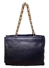 Chanel Navy Blue Leather Quilted CC Logo Shopper Tote