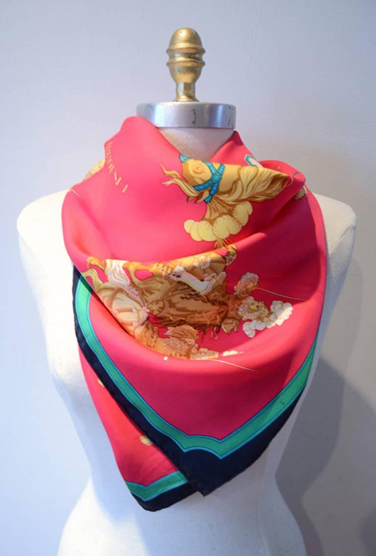 Pink Hermes Vintage Carousel Silk Scarf In Vibrant Red, circa 1980s