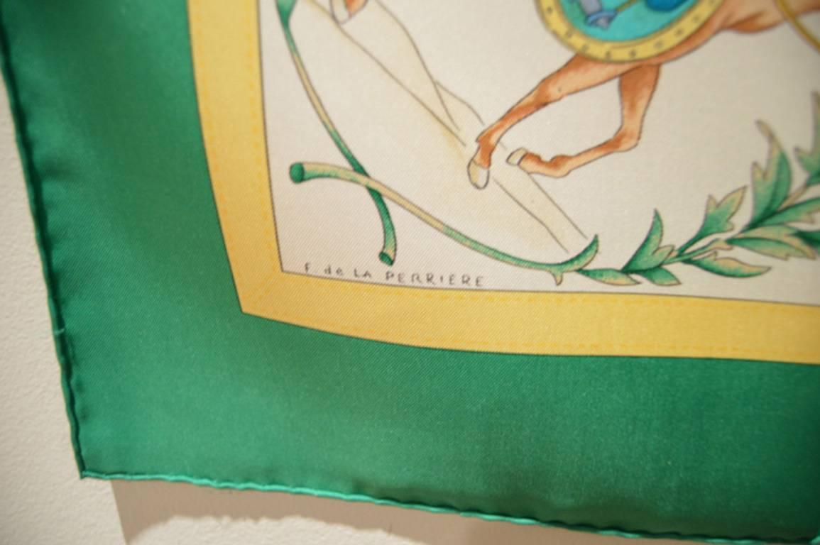 Beige Authentic Hermes Costumes Civils Actuels Silk Scarf In Green