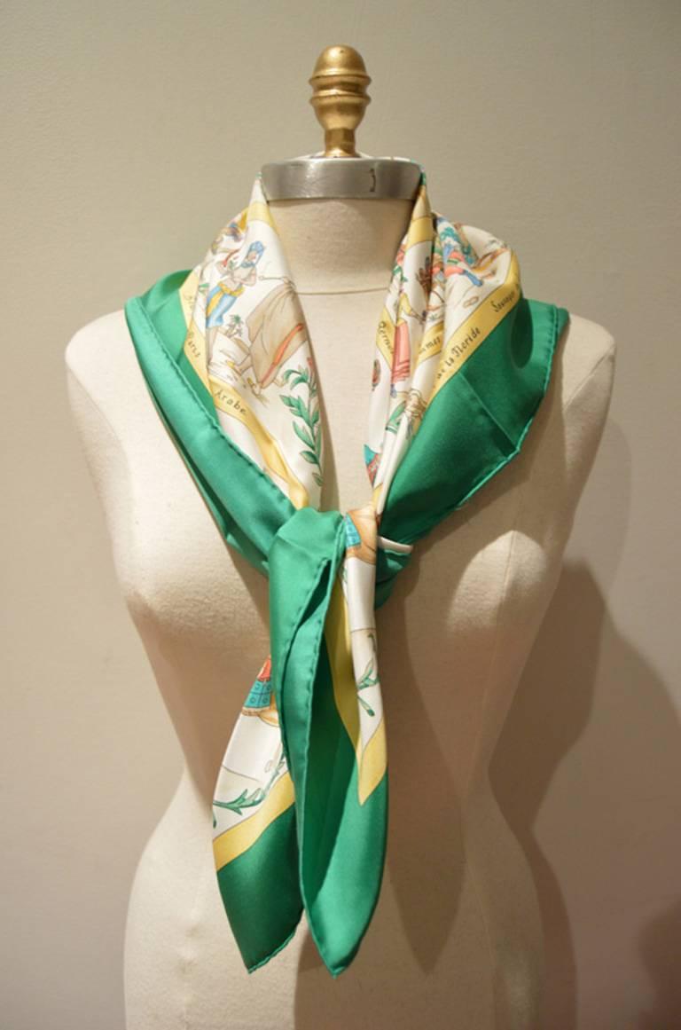 Authentic Hermes Costumes Civils Actuels Silk Scarf In Green In Excellent Condition In Philadelphia, PA