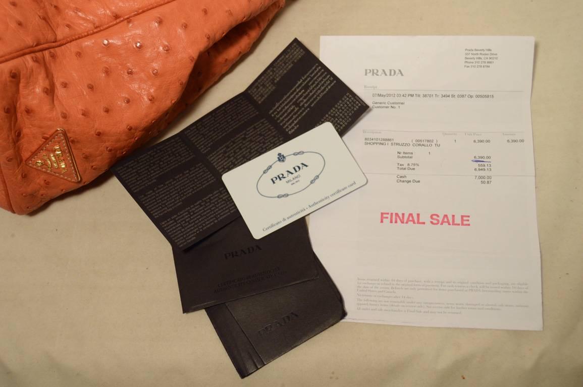 Women's Prada Galleria Saffiano Peach Coral Ostrich Leather Tote Bag