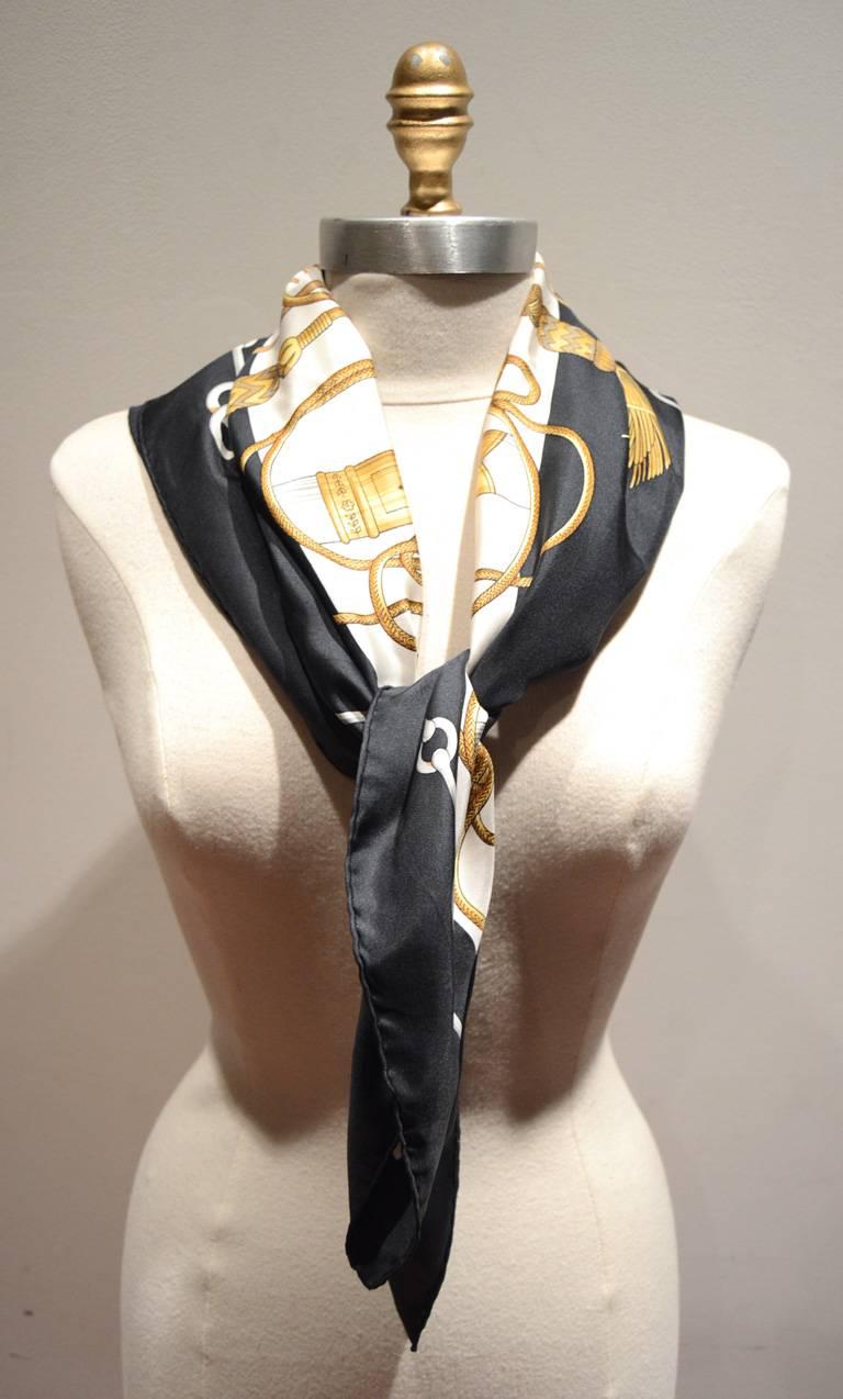 Hermes Vintage Cliquetis Black and White Silk Scarf In Excellent Condition In Philadelphia, PA