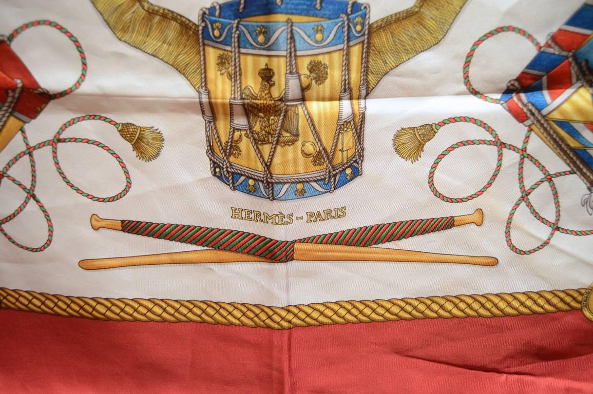 Women's or Men's Hermes Vintage Les Tambours Silk Scarf in Red