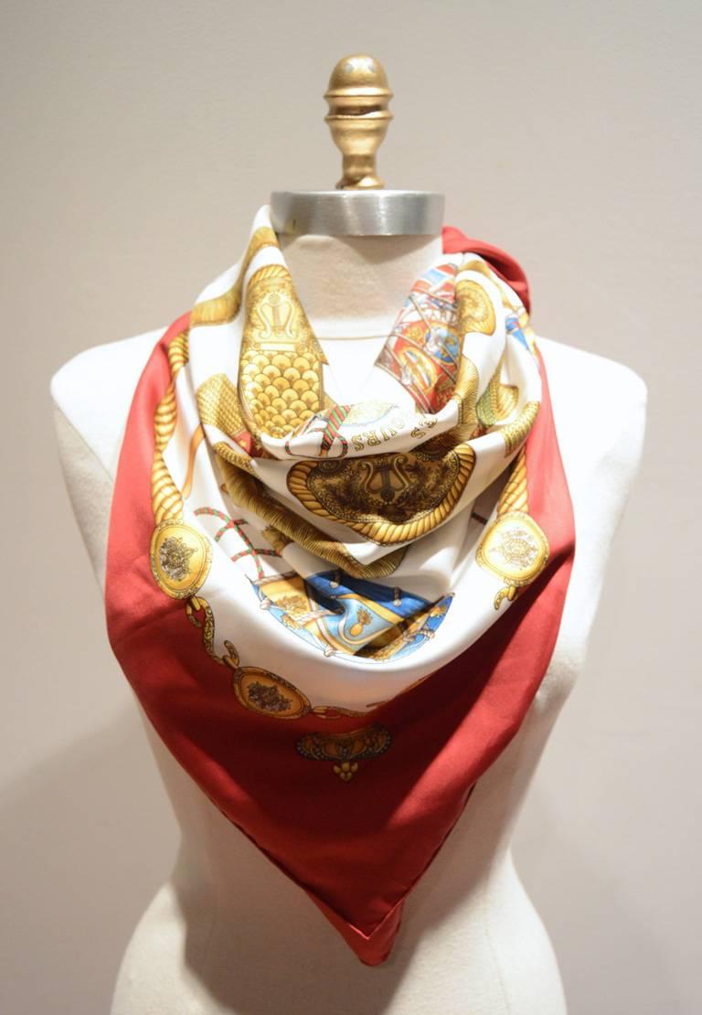 Hermes Vintage Les Tambours Silk Scarf in Red In Excellent Condition In Philadelphia, PA