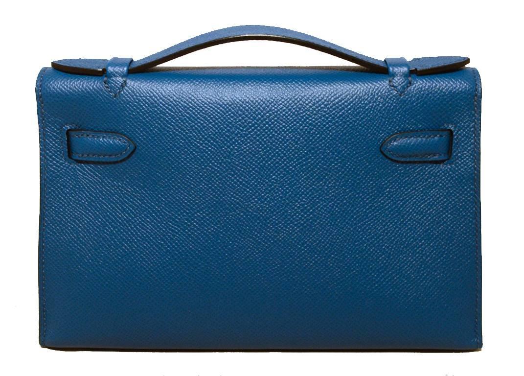 Stunning Hermes Blue Izmir Epsom Leather Kelly Pochette In Excellent Condition In Philadelphia, PA