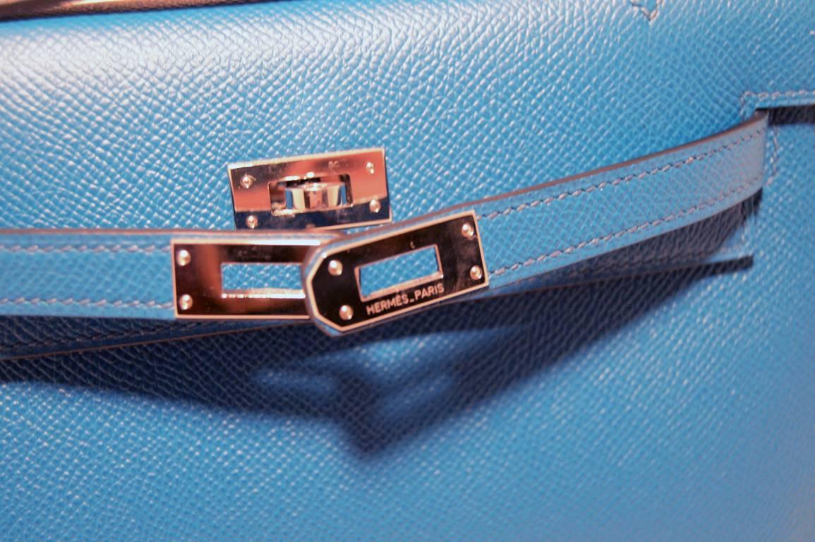 Stunning Hermes Blue Izmir Epsom Leather Kelly Pochette 2