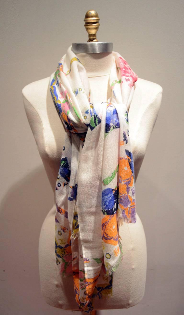 Beige RARE Chanel Ivory Floral Print Silk and Cashmere Shawl Scarf
