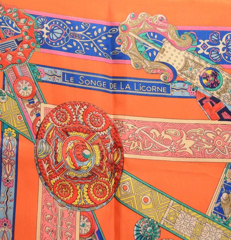 Hermes Le Songe de la Licorne Silk Scarf in Orange 1